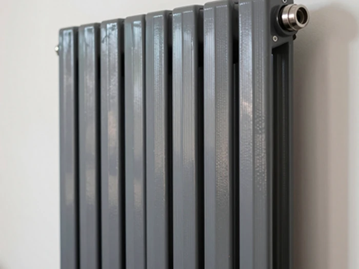 Radiateur à inertie moderne sur un mur blanc, intérieur lumineux et cosy.