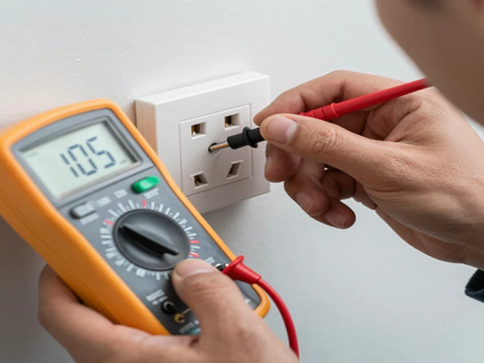 Disjoncteur déclenché dans un tableau électrique, main de technicien réarmant le circuit.