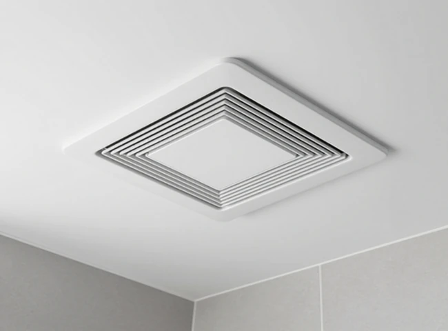 Technicien installant une VMC dans le plafond d'une salle de bain, gaines visibles.