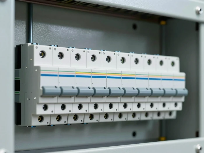 Tableau électrique moderne avec disjoncteurs différentiels, installation propre et étiquetée.