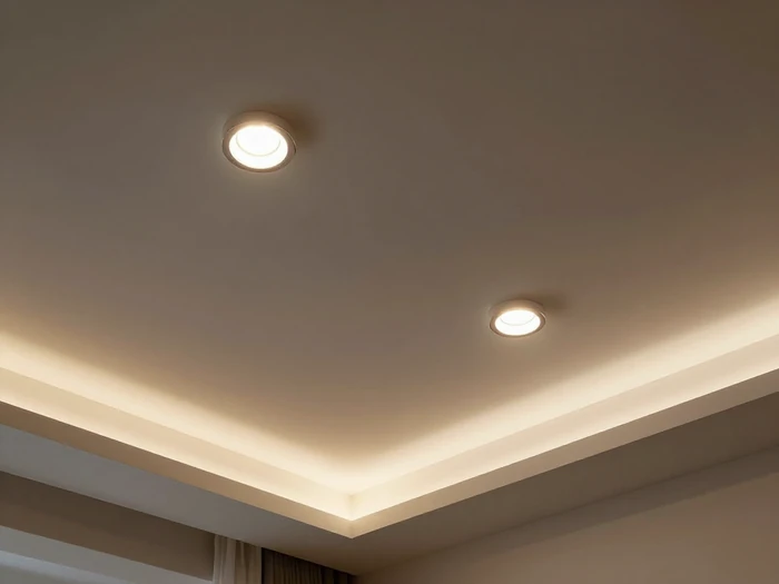 Installation de spots LED encastrés dans un plafond de salon, éclairage chaleureux.