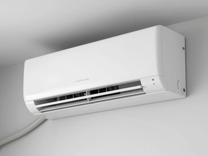 Unité intérieure de climatisation réversible au mur, raccordement électrique soigné.